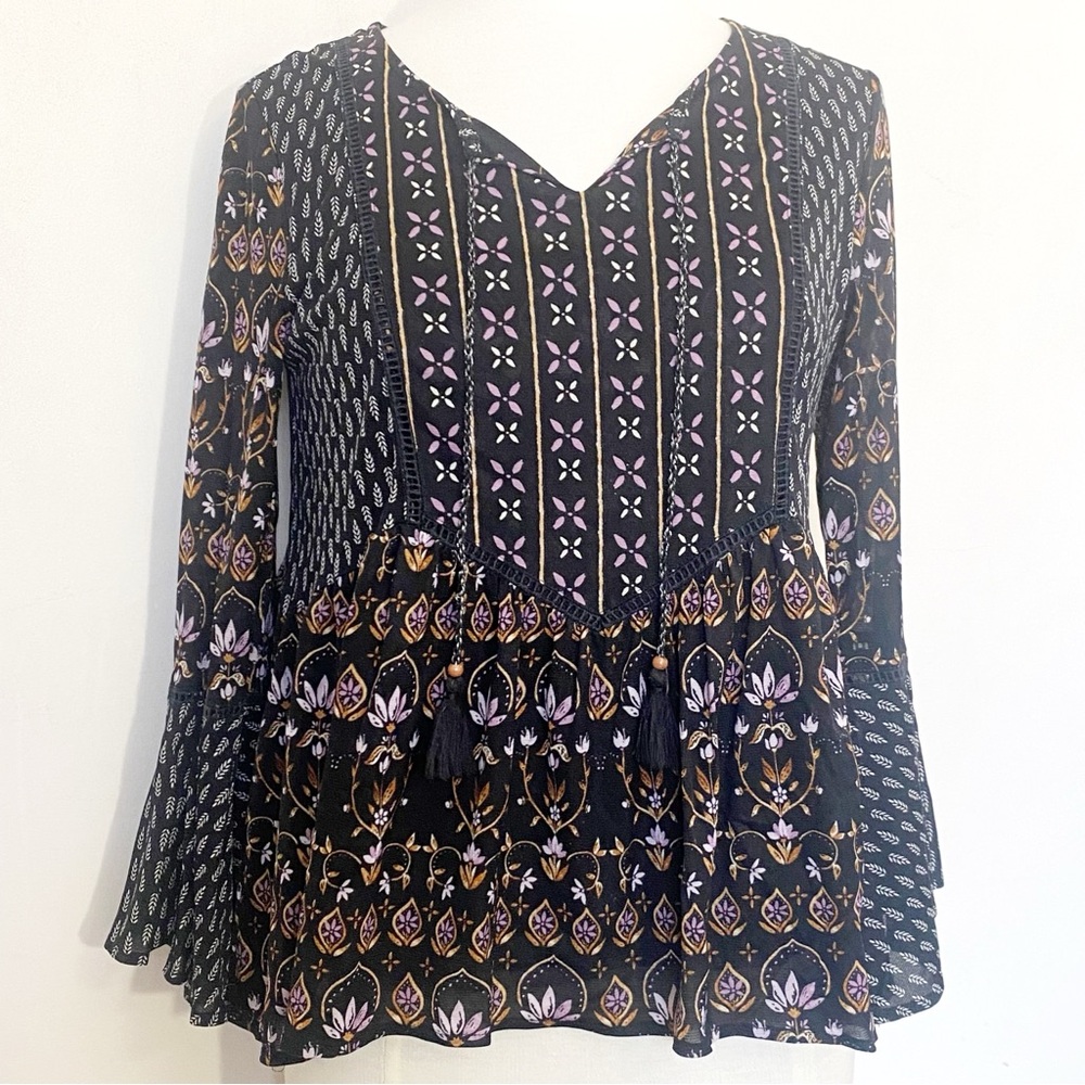 Style & Co Boho Whimsygoth Bell Sleeve Semi Sheer Lined V-Neck Peasant Top MP